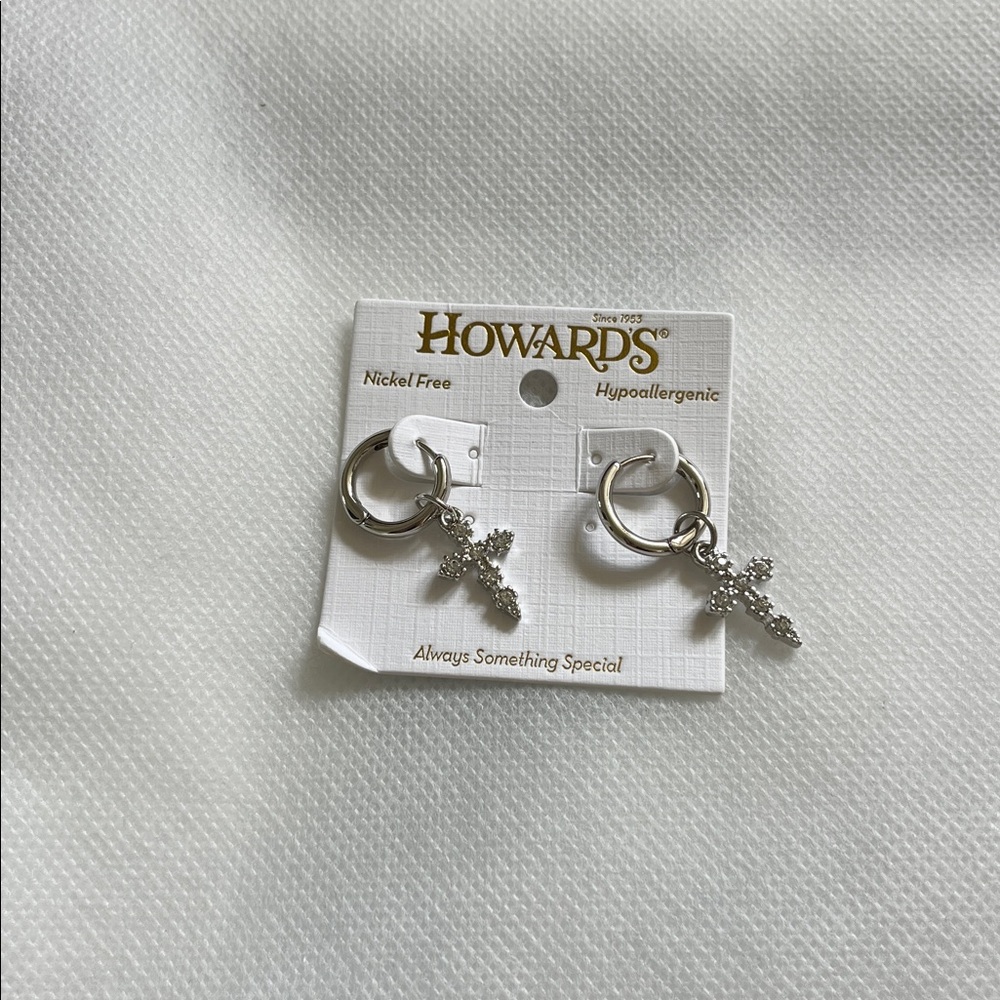 Howards Silver Crystal Cross Hoop Earrings